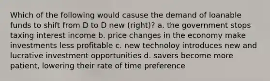 Which of the following would casuse the demand of loanable funds to shift from D to D new (right)? a. the government stops taxing interest income b. price changes in the economy make investments less profitable c. new technoloy introduces new and lucrative investment opportunities d. savers become more patient, lowering their rate of time preference