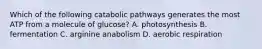 Which of the following catabolic pathways generates the most ATP from a molecule of glucose? A. photosynthesis B. fermentation C. arginine anabolism D. aerobic respiration