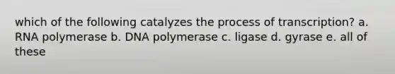 which of the following catalyzes the process of transcription? a. RNA polymerase b. DNA polymerase c. ligase d. gyrase e. all of these