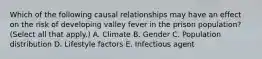 Which of the following causal relationships may have an effect on the risk of developing valley fever in the prison population? (Select all that apply.) A. Climate B. Gender C. Population distribution D. Lifestyle factors E. Infectious agent