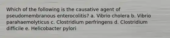 Which of the following is the causative agent of pseudomembranous enterocolitis? a. Vibrio cholera b. Vibrio parahaemolyticus c. Clostridium perfringens d. Clostridium difficile e. Helicobacter pylori