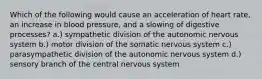 Which of the following would cause an acceleration of heart rate, an increase in blood pressure, and a slowing of digestive processes? a.) sympathetic division of the autonomic nervous system b.) motor division of the somatic nervous system c.) parasympathetic division of the autonomic nervous system d.) sensory branch of the central nervous system