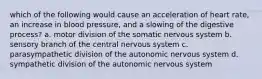 which of the following would cause an acceleration of heart rate, an increase in blood pressure, and a slowing of the digestive process? a. motor division of the somatic nervous system b. sensory branch of the central nervous system c. parasympathetic division of the autonomic nervous system d. sympathetic division of the autonomic nervous system