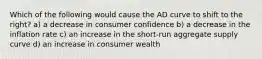 Which of the following would cause the AD curve to shift to the right? a) a decrease in consumer confidence b) a decrease in the inflation rate c) an increase in the short-run aggregate supply curve d) an increase in consumer wealth