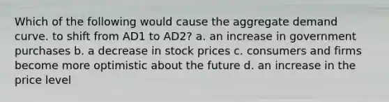 Which of the following would cause the aggregate demand curve. to shift from AD1 to AD2? a. an increase in government purchases b. a decrease in stock prices c. consumers and firms become more optimistic about the future d. an increase in the price level