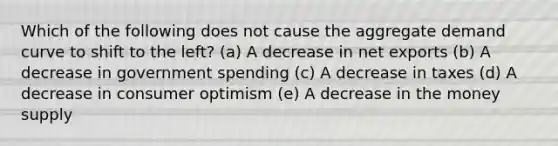 Which of the following does not cause the aggregate demand curve to shift to the left? (a) A decrease in net exports (b) A decrease in government spending (c) A decrease in taxes (d) A decrease in consumer optimism (e) A decrease in the money supply