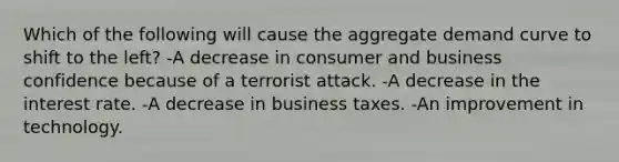 Which of the following will cause the aggregate demand curve to shift to the left? -A decrease in consumer and business confidence because of a terrorist attack. -A decrease in the interest rate. -A decrease in business taxes. -An improvement in technology.