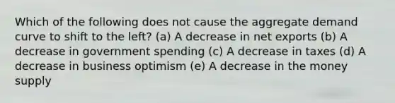 Which of the following does not cause the aggregate demand curve to shift to the left? (a) A decrease in net exports (b) A decrease in government spending (c) A decrease in taxes (d) A decrease in business optimism (e) A decrease in the money supply