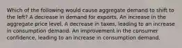 Which of the following would cause aggregate demand to shift to the left? A decrease in demand for exports. An increase in the aggregate price level. A decrease in taxes, leading to an increase in consumption demand. An improvement in the consumer confidence, leading to an increase in consumption demand.