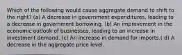 Which of the following would cause aggregate demand to shift to the right? (a) A decrease in government expenditures, leading to a decrease in government borrowing. (b) An improvement in the economic outlook of businesses, leading to an increase in investment demand. (c) An increase in demand for imports.( d) A decrease in the aggregate price level.