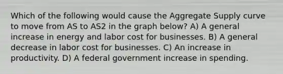 Which of the following would cause the Aggregate Supply curve to move from AS to AS2 in the graph below? A) A general increase in energy and labor cost for businesses. B) A general decrease in labor cost for businesses. C) An increase in productivity. D) A federal government increase in spending.