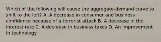 Which of the following will cause the aggregate-demand curve to shift to the left? A. A decrease in consumer and business confidence because of a terrorist attack B. A decrease in the interest rate C. A decrease in business taxes D. An improvement in technology