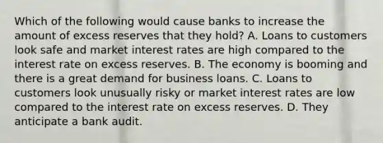 Which of the following would cause banks to increase the amount of excess reserves that they hold? A. Loans to customers look safe and market interest rates are high compared to the interest rate on excess reserves. B. The economy is booming and there is a great demand for business loans. C. Loans to customers look unusually risky or market interest rates are low compared to the interest rate on excess reserves. D. They anticipate a bank audit.