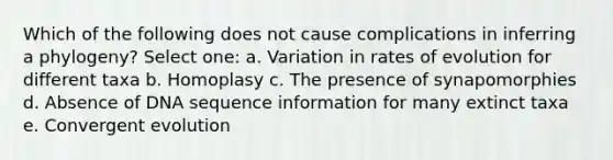 Which of the following does not cause complications in inferring a phylogeny? Select one: a. Variation in rates of evolution for different taxa b. Homoplasy c. The presence of synapomorphies d. Absence of DNA sequence information for many extinct taxa e. Convergent evolution