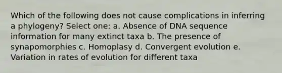 Which of the following does not cause complications in inferring a phylogeny? Select one: a. Absence of DNA sequence information for many extinct taxa b. The presence of synapomorphies c. Homoplasy d. Convergent evolution e. Variation in rates of evolution for different taxa