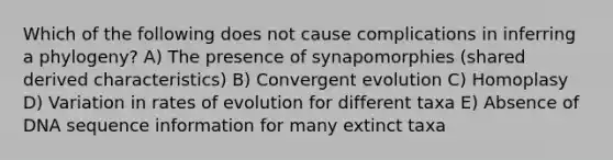 Which of the following does not cause complications in inferring a phylogeny? A) The presence of synapomorphies (shared derived characteristics) B) Convergent evolution C) Homoplasy D) Variation in rates of evolution for different taxa E) Absence of DNA sequence information for many extinct taxa