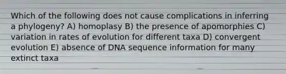 Which of the following does not cause complications in inferring a phylogeny? A) homoplasy B) the presence of apomorphies C) variation in rates of evolution for different taxa D) convergent evolution E) absence of DNA sequence information for many extinct taxa