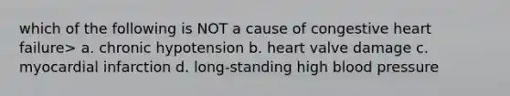 which of the following is NOT a cause of congestive heart failure> a. chronic hypotension b. heart valve damage c. myocardial infarction d. long-standing high blood pressure