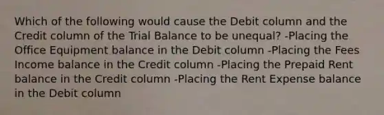 Which of the following would cause the Debit column and the Credit column of the Trial Balance to be unequal? -Placing the Office Equipment balance in the Debit column -Placing the Fees Income balance in the Credit column -Placing the Prepaid Rent balance in the Credit column -Placing the Rent Expense balance in the Debit column