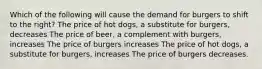 Which of the following will cause the demand for burgers to shift to the right? The price of hot dogs, a substitute for burgers, decreases The price of beer, a complement with burgers, increases The price of burgers increases The price of hot dogs, a substitute for burgers, increases The price of burgers decreases.