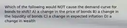 Which of the following would NOT cause the demand curve for bonds to shift? A) a change in the price of bonds B) a change in the liquidity of bonds C) a change in expected inflation D) a change in wealth