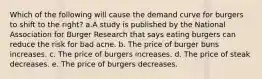 Which of the following will cause the demand curve for burgers to shift to the right? a.A study is published by the National Association for Burger Research that says eating burgers can reduce the risk for bad acne. b. The price of burger buns increases. c. The price of burgers increases. d. The price of steak decreases. e. The price of burgers decreases.