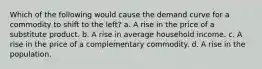 Which of the following would cause the demand curve for a commodity to shift to the left? a. A rise in the price of a substitute product. b. A rise in average household income. c. A rise in the price of a complementary commodity. d. A rise in the population.