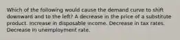 Which of the following would cause the demand curve to shift downward and to the left? A decrease in the price of a substitute product. Increase in disposable income. Decrease in tax rates. Decrease in unemployment rate.