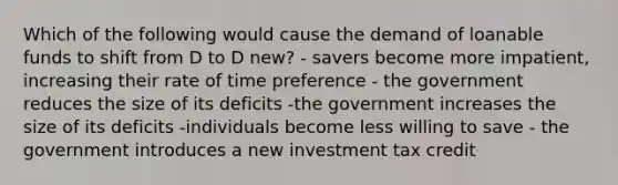 Which of the following would cause the demand of loanable funds to shift from D to D new? - savers become more impatient, increasing their rate of time preference - the government reduces the size of its deficits -the government increases the size of its deficits -individuals become less willing to save - the government introduces a new investment tax credit