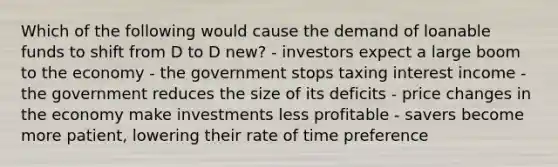 Which of the following would cause the demand of loanable funds to shift from D to D new? - investors expect a large boom to the economy - the government stops taxing interest income - the government reduces the size of its deficits - price changes in the economy make investments less profitable - savers become more patient, lowering their rate of time preference