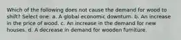 Which of the following does not cause the demand for wood to shift? Select one: a. A global economic downturn. b. An increase in the price of wood. c. An increase in the demand for new houses. d. A decrease in demand for wooden furniture.