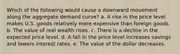 Which of the following would cause a downward movement along the aggregate demand curve? a. A rise in the price level makes U.S. goods relatively more expensive than foreign goods. b. The value of real wealth rises. c. There is a decline in the expected price level. d. A fall in the price level increases savings and lowers interest rates. e. The value of the dollar decreases.