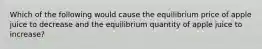 Which of the following would cause the equilibrium price of apple juice to decrease and the equilibrium quantity of apple juice to increase?