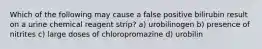 Which of the following may cause a false positive bilirubin result on a urine chemical reagent strip? a) urobilinogen b) presence of nitrites c) large doses of chloropromazine d) urobilin