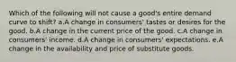 Which of the following will not cause a good's entire demand curve to shift? a.A change in consumers' tastes or desires for the good. b.A change in the current price of the good. c.A change in consumers' income. d.A change in consumers' expectations. e.A change in the availability and price of substitute goods.