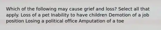 Which of the following may cause grief and loss? Select all that apply. Loss of a pet Inability to have children Demotion of a job position Losing a political office Amputation of a toe