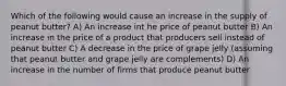 Which of the following would cause an increase in the supply of peanut butter? A) An increase int he price of peanut butter B) An increase in the price of a product that producers sell instead of peanut butter C) A decrease in the price of grape jelly (assuming that peanut butter and grape jelly are complements) D) An increase in the number of firms that produce peanut butter