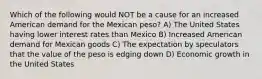 Which of the following would NOT be a cause for an increased American demand for the Mexican peso? A) The United States having lower interest rates than Mexico B) Increased American demand for Mexican goods C) The expectation by speculators that the value of the peso is edging down D) Economic growth in the United States