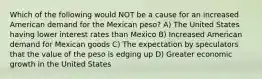 Which of the following would NOT be a cause for an increased American demand for the Mexican peso? A) The United States having lower interest rates than Mexico B) Increased American demand for Mexican goods C) The expectation by speculators that the value of the peso is edging up D) Greater economic growth in the United States