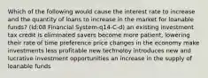 Which of the following would cause the interest rate to increase and the quantity of loans to increase in the market for loanable funds? (id:08 Financial System-q14-C-d) an existing investment tax credit is eliminated savers become more patient, lowering their rate of time preference price changes in the economy make investments less profitable new technoloy introduces new and lucrative investment opportunities an increase in the supply of loanable funds