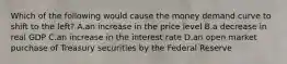 Which of the following would cause the money demand curve to shift to the left? A.an increase in the price level B.a decrease in real GDP C.an increase in the interest rate D.an open market purchase of Treasury securities by the Federal Reserve