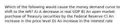 Which of the following would cause the money demand curve to shift to the left? A) A decrease in real GDP B) An open market purchase of Treasury securities by the Federal Reserve C) An increase in the price level D) An increase in the interest rate