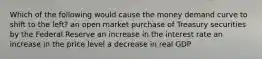 Which of the following would cause the money demand curve to shift to the left? an open market purchase of Treasury securities by the Federal Reserve an increase in the interest rate an increase in the price level a decrease in real GDP