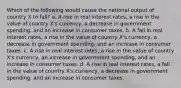 Which of the following would cause the national output of country X to fall? a. A rise in real interest rates, a rise in the value of country X's currency, a decrease in government spending, and an increase in consumer taxes. b. A fall in real interest rates, a rise in the value of country X's currency, a decrease in government spending, and an increase in consumer taxes. c. A rise in real interest rates, a rise in the value of country X's currency, an increase in government spending, and an increase in consumer taxes. d. A rise in real interest rates, a fall in the value of country X's currency, a decrease in government spending, and an increase in consumer taxes.