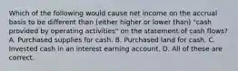 Which of the following would cause net income on the accrual basis to be different than (either higher or lower than) "cash provided by operating activities" on the statement of cash flows? A. Purchased supplies for cash. B. Purchased land for cash. C. Invested cash in an interest earning account. D. All of these are correct.