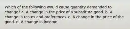 Which of the following would cause quantity demanded to change? a. A change in the price of a substitute good. b. A change in tastes and preferences. c. A change in the price of the good. d. A change in income.