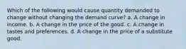 Which of the following would cause quantity demanded to change without changing the demand curve? a. A change in income. b. A change in the price of the good. c. A change in tastes and preferences. d. A change in the price of a substitute good.