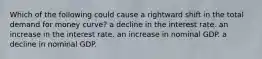 Which of the following could cause a rightward shift in the total demand for money curve? a decline in the interest rate. an increase in the interest rate. an increase in nominal GDP. a decline in nominal GDP.