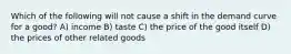 Which of the following will not cause a shift in the demand curve for a good? A) income B) taste C) the price of the good itself D) the prices of other related goods