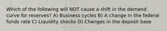 Which of the following will NOT cause a shift in the demand curve for reserves? A) Business cycles B) A change in the federal funds rate C) Liquidity shocks D) Changes in the deposit base